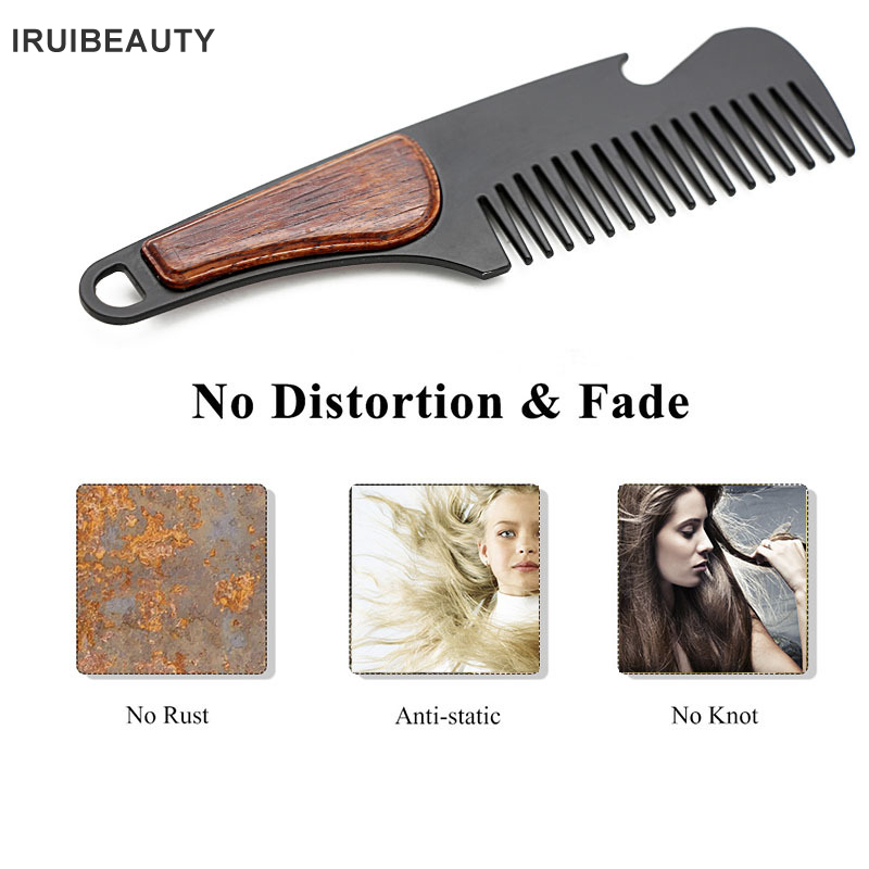 

Men'S Stainless Steel Beard Comb Blood Sandalwood Handle Mini Beard Comb Styling Hair Brush Bottle Opener Anti-Static Not Rusty