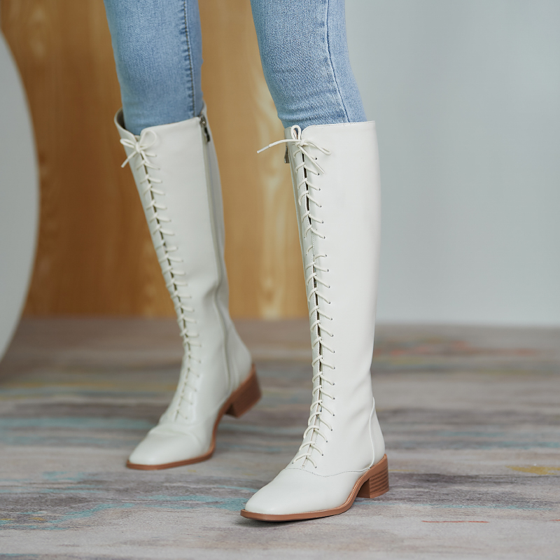 

Platform Chunky med Heels Motorcycle Boots Genuine leather Western Boots Party Basic Shoes Woman Cross Tied Women knee, Beige