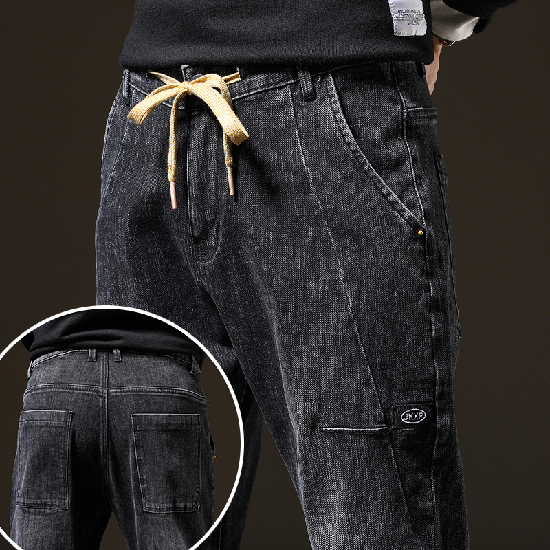 

Men's jeans for autumn and winter Loose straight black thick men's clothing Casual trousers Splicing Drawstring slim long pants, 2065 black