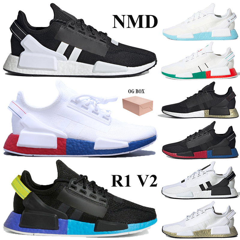 

New Arrival NMD R1 V2 Runners Shoes with Box Men Women running shoes iridescent black white red metallic gold Trainers mexico city Trainers, 2.white red blue