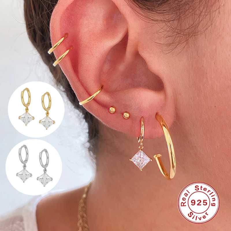 

Luxury Bling Fine Earrings 925 Sterling Silver Hoop Earrings For Woman Girls Lovers' Sparling Crystal CZ Pendientes Brincos