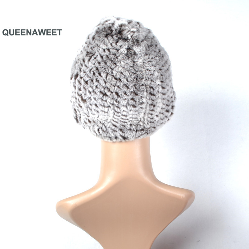 

001 Winter fur hat for women real rex fur hat with pom poms knitted beanies, No.2 white and brown