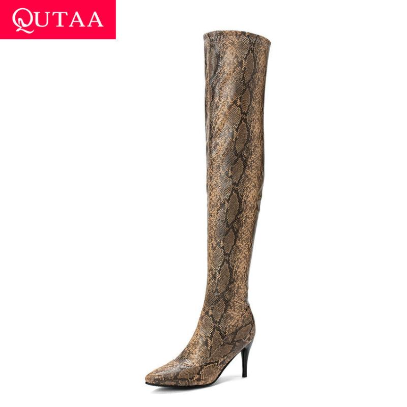 

QUTAA 2020 Snakeskin PU Leather Thin Heel Autumn Winter Over The Knee Boots Zipper Fashion Pointed Toe Women Shoes Size 34-43, Black