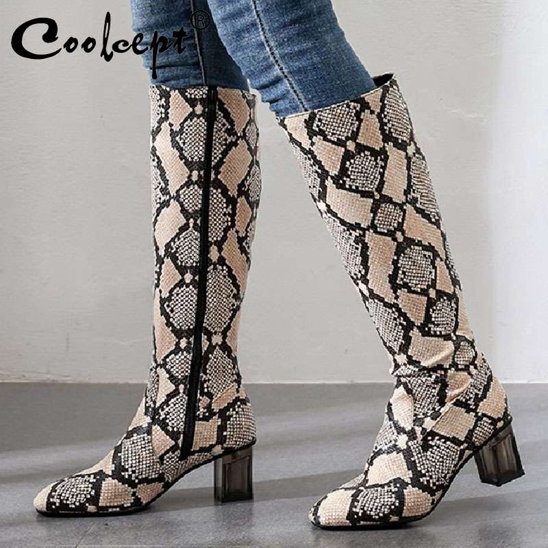 

Coolcept Plus Size 34-48 Knee High Boots For Women Fashion Snake Print Square Heels Shoes Women Casual Zipper Warm Fur Footwear, Leopard