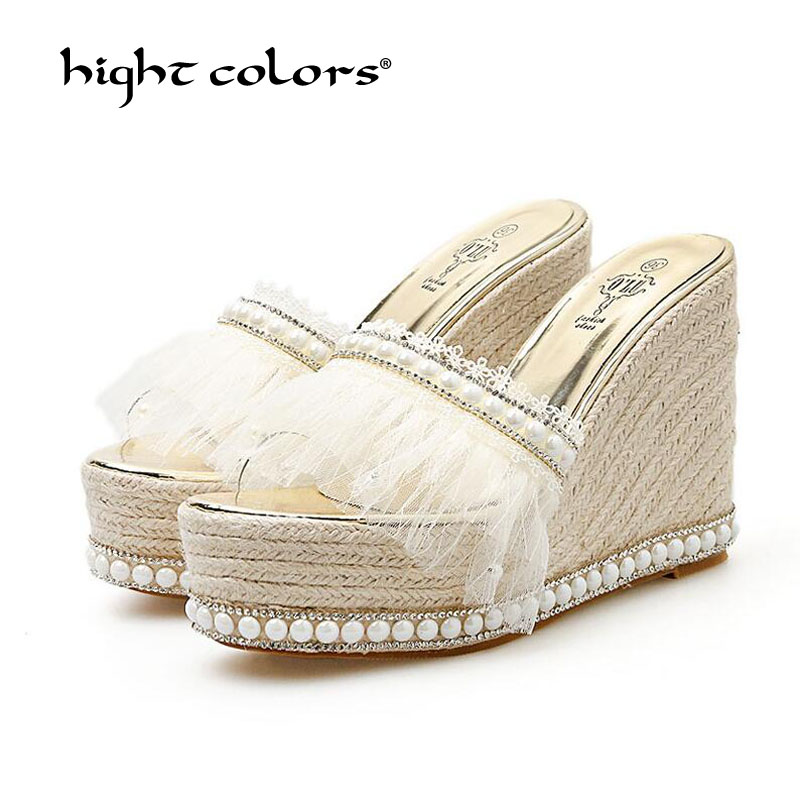 

Fringe Tassel Crystal Sandals Women Thick Heels 11.5CM Lace Pearl Wedge Heel Platform Shoes Summer Mule Slides Xsy6-30, Gold