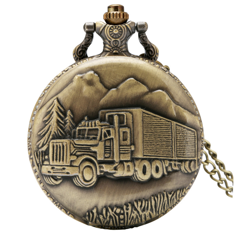 

Vintage Bronze Retro Big Truck Forest Tree Pocket Watch Quartz Analog Watches Necklace Chain for Car Driver Men Women Gift