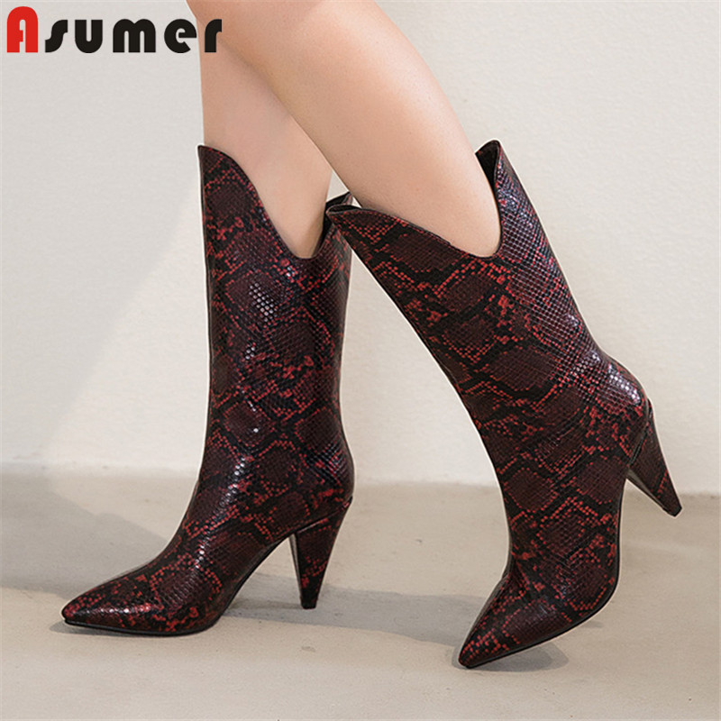 

ASUMER 2020 new arrival mid calf boots women snake pointed toe thin high heels dress shoes autumn winter short boots female, Brown