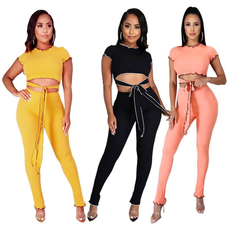 

Bandage Ribbed Women 2 Piece Sets Short Sleeve Ruffles Club Party Outfits Slim Top and Pants Set, Black