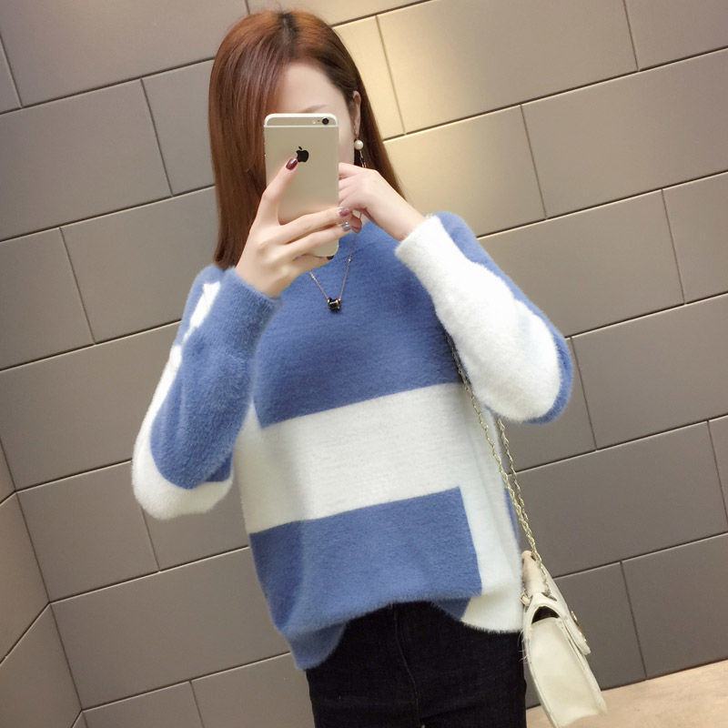 

2020 Autumn Winter Women Patchwork Faux Mink Tricot Pullover Sweater Female Thick Warm Knitted Jumper Knitwear Pull Femme K125, Beige