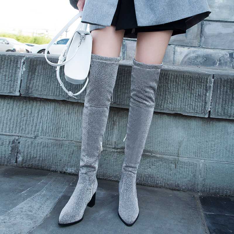 

Elastic Long Boots Silver Luxury Boot Women Designers 2020 Fashion Glitter Winter Warm Shoes Woman Over The Knee High Heel Boots, Black