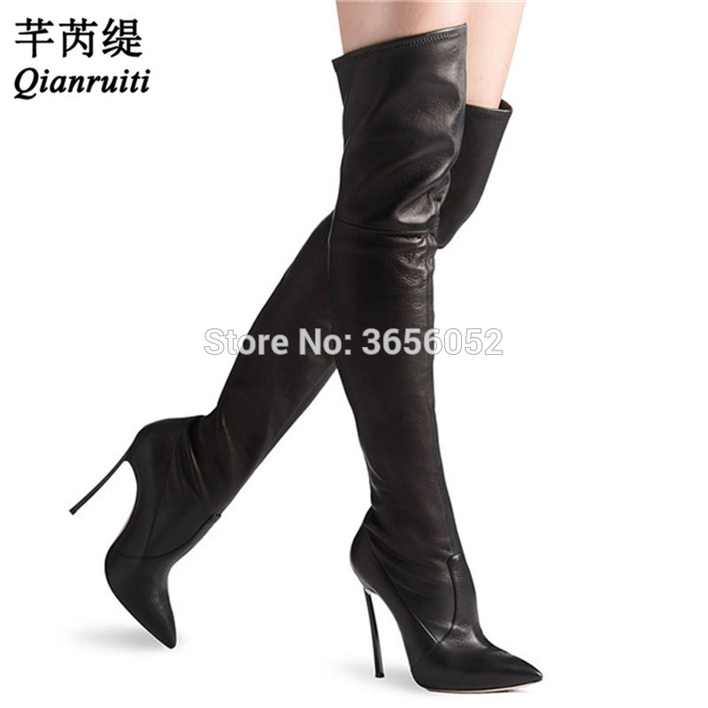 

Qianruiti Bota Feminina Sexy High Heel Shoes Women Stilettos Over The Knee Booties Suede Leather Slim Stretch Thigh High Boots, Grey