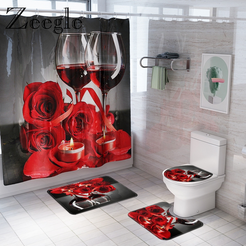 

Romantic Bath Mat and Shower Curtain set Bath Mat for Bathroom Carpet Curtain Set Toilet Cover Bathroom Rug