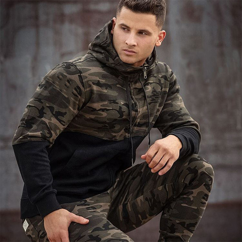 

Men's Hooded Sportswear Spring Autumn New Fashion Loose Camouflage Zipper Sweatshirt Sweatpants Outdoor Tracksuits, White-logo01