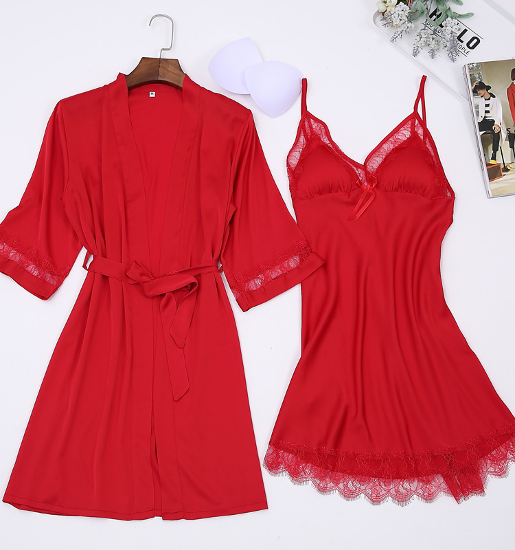 

Women's Pajamas Robe Sexy Satin Robe Casual and Pajamas Set Underwear Women's Kimono Bathrobe Dress Hot sale Lace, Champagne