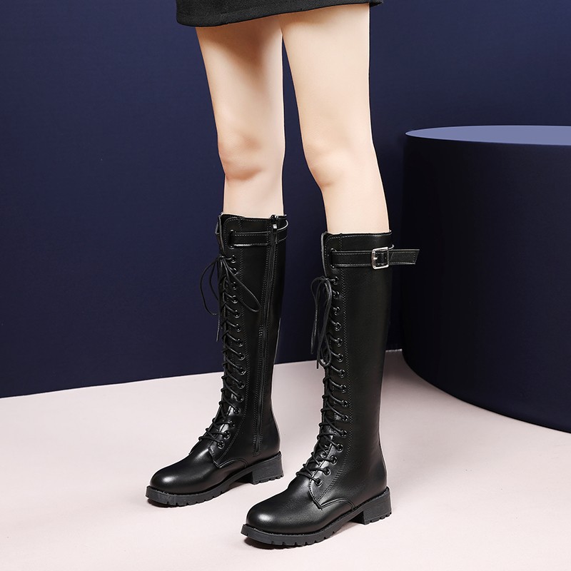 

Fashion Belt Buckle Strap Long Boots Winter Shoes Women Zipper Black Boots Square Heel Knee-high Tube Platform botines