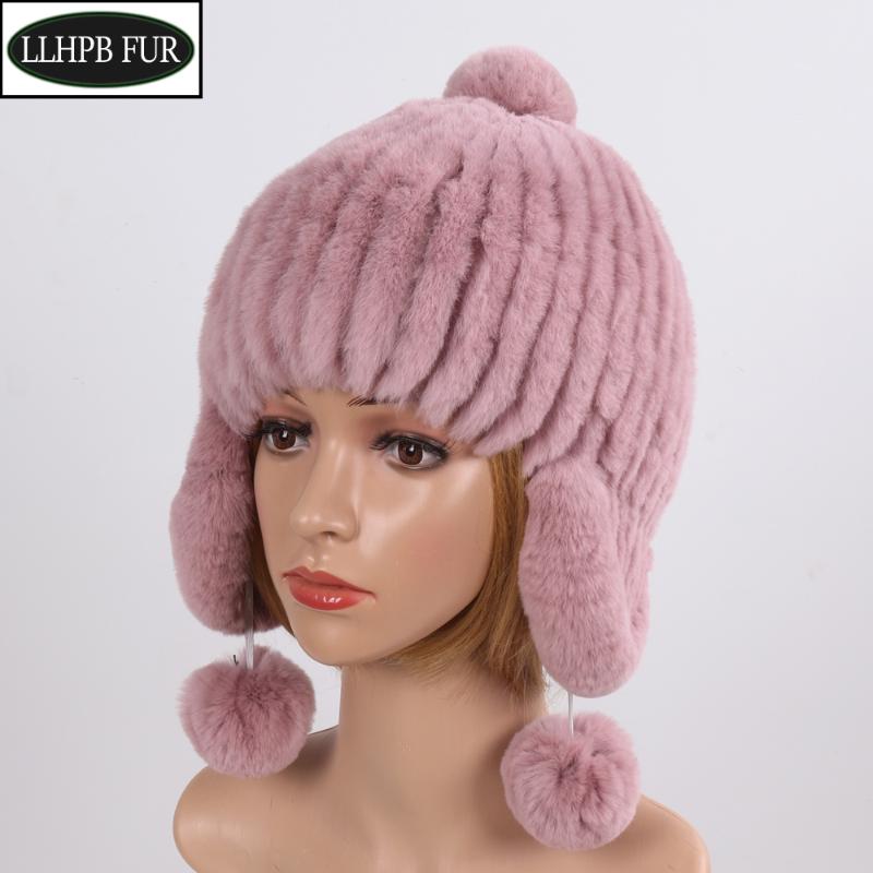 

Hot Sell Winter Warm Real Rex Fur Beanies Hats Women Real Rex Fur Skullies Hat Elastic Natural Caps, Color 3