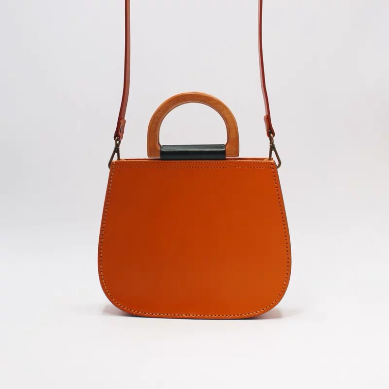 

Vintage Designer Genuine Vegetable Tanned Leather Wooden Handle Women's Handbag Long Strap Lady Shoulder Bag Female Small Purse, Brown