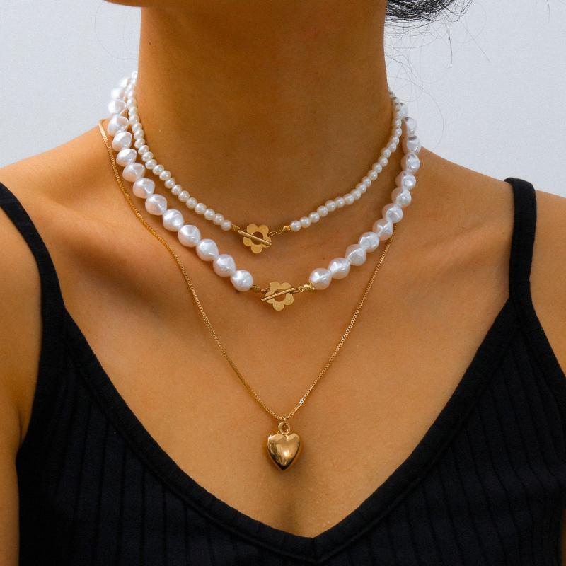 

2020 Hip Hop Multi-layer Imitation Irregular Pearls Chain Metal Beads Line Flower Heart Chain Necklace for Women Jewelry