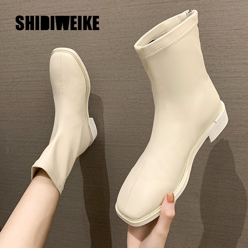 

Women Boots Woman Boots Fashion Flat Round PU Ankle 2020 autumn Elastic Black Comfortable V211, Beige