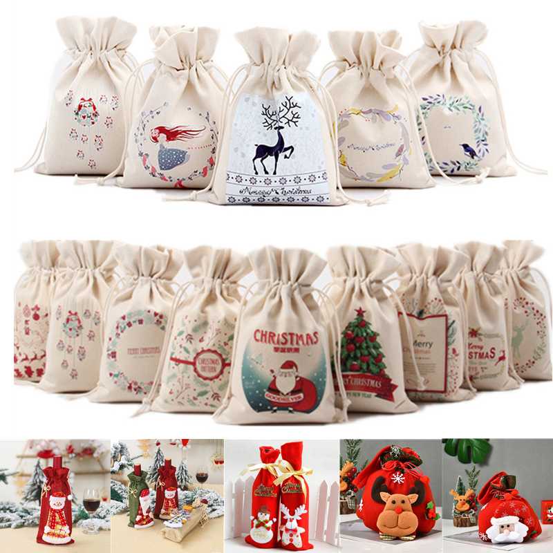 

Christmas Candy Gift Bag Xmas Santa Claus Canvas Drawstring Decor Sack For Home New Year Vintage Stockings Tableware Decor Bag