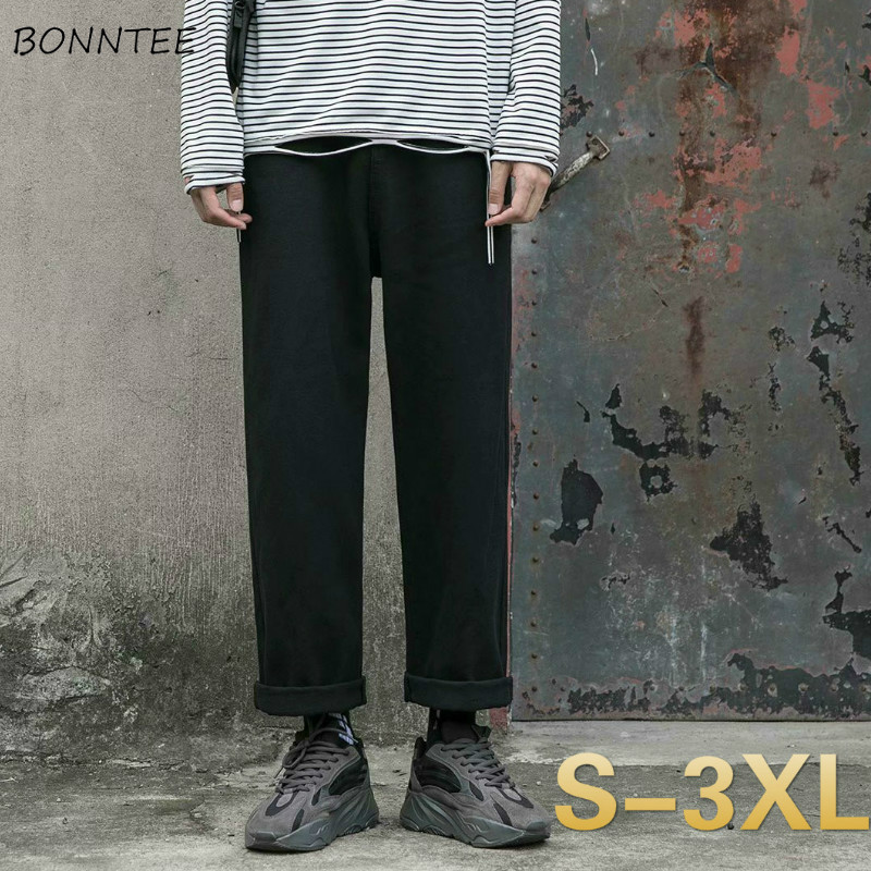 

Men Jeans All-match Simple Solid Loose Straight Wide-leg Leisure Ankle-length Denim Trousers Mens Trendy Korean-style Streetwear, Black