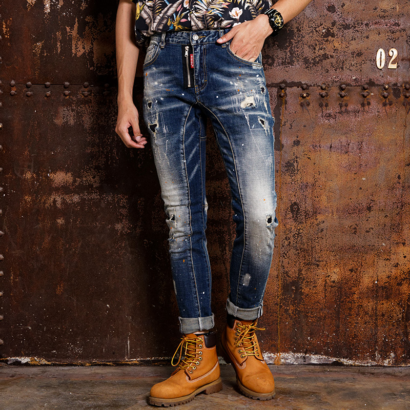 

American Streetwear Fashion Men Jeans High Quality Slim Fit Ripped Jeans Men Vintage Designer Denim Pants Hip Hop Homme, Retro blue