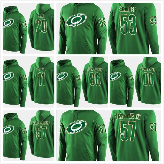 

2019 St. Patricks Day Hoodies Jersey 20 Sebastian Aho Carolina Hurricanes Teuvo Teravainen Brett Pesce Victor Rask Andrei Svechnikov Jaccob, As photo