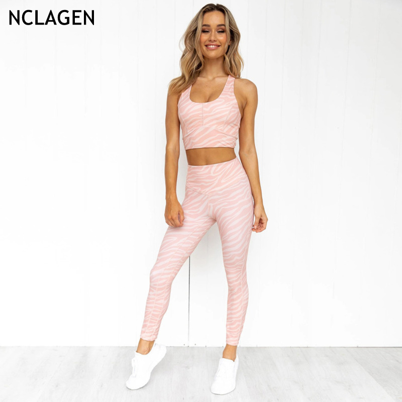 

NCLAGEN Yoga Set Women Gym Clothes 2 Piece Workout Sportwear Stripe Digital Printing Fitness Suit Leggings And Top Sport Outfit, Pink