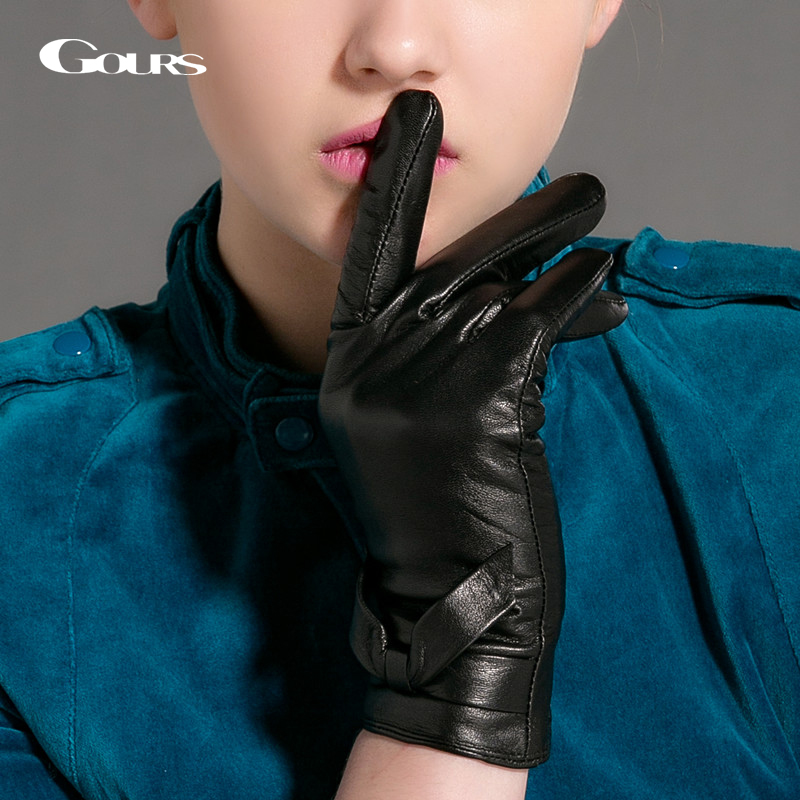 

Gours Women's Winter Genuine Leather Gloves Fashion Brand Black Goatskin Finger Gloves New Arrival Warm Mittens GSL013