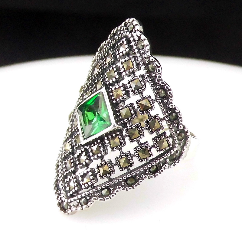 

FNJ Green Crystal Rings 925 Silver Original S925 Thai Silver Ring for Women Jewelry MARCASITE