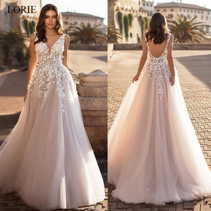 

LORIE 2020 Graceful V Neck Beach Wedding Dresses Backless 3D Floral Appliqued Lace Bridal Gowns Tulle vestido de novia Plus size, White
