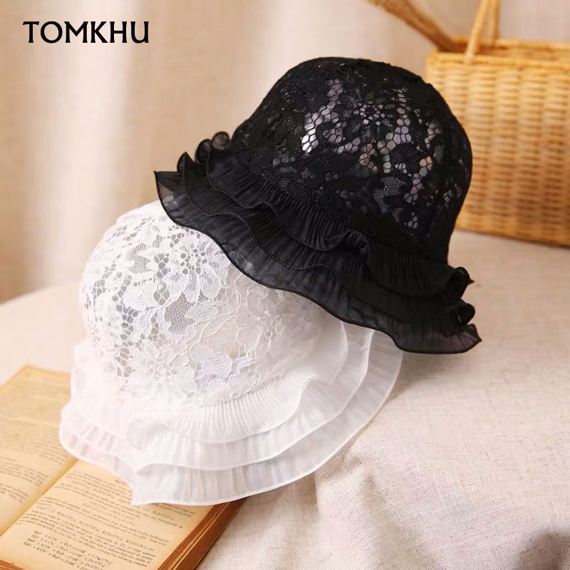 

TOMKHU Elegant Fashion Lace Sun Hats Brim Dome Bucket Hat Women New Summer Spring Outdoor Foldable Laciness Beach Accessory Caps, White
