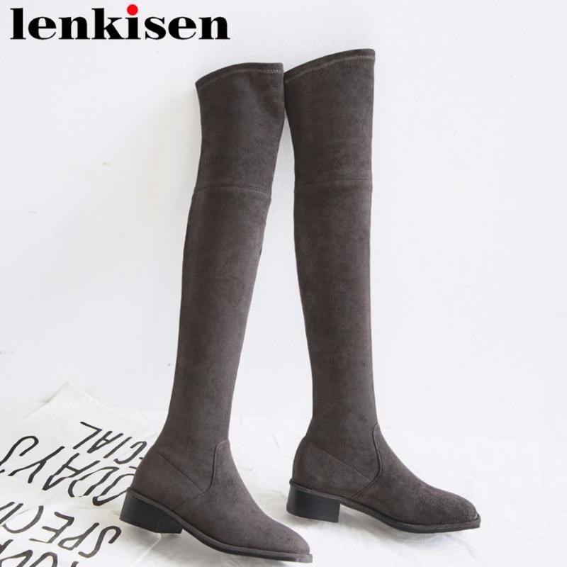 

Lenkisen hot sale simple design british school square toe kid suede slip on med heels streetwear sexy woman thigh high boots L90, Black