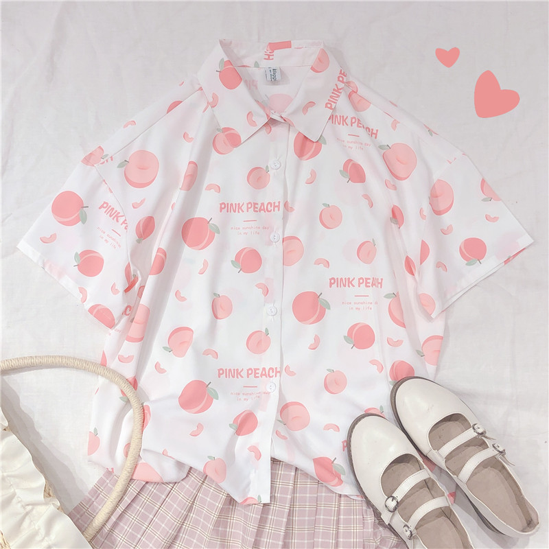 

Summer Women Japanese Cute Fruit print Small fresh Blouse Young Girl Student Vintage Harajuku Short sleeve Shirt Tops Mori Girl, White