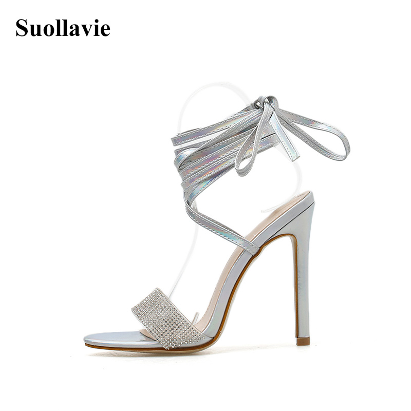 

Suollavie Cross-tie ankle sandals women 2020 sexy lace up ladies high heels silver pointed toe women shoes leisure Sandals Mujer