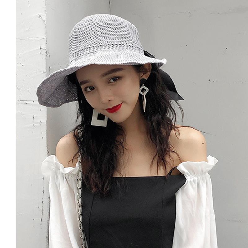 

Summer Hoilday Floppy Straw Hat Women Ladies Wide Brim Beach Foldable Bow Flower Straw Sun Hat Sun Cap  Wide, Black