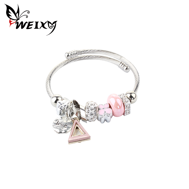 

WEIXY Fashion Ethnic Bangles Beads Heart Pendant Stainless Steel Opened Cuff Charm Adjustable Bracelets Jewelry Female Gift