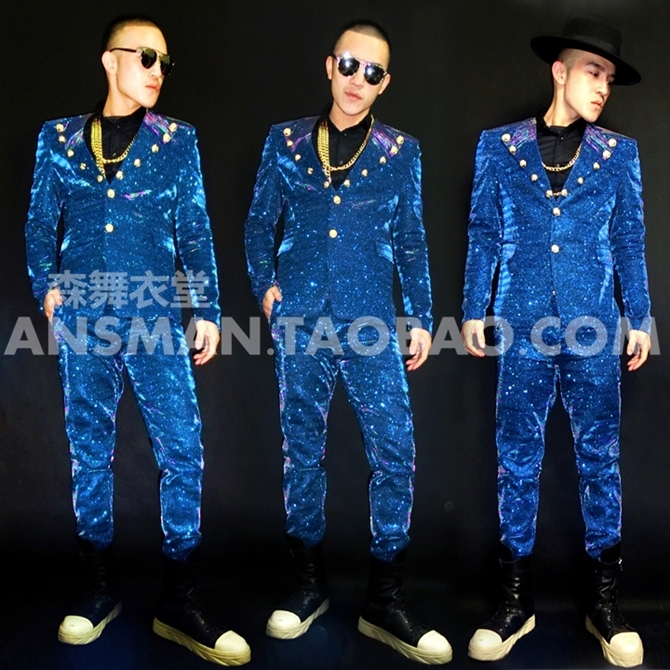 

5xl 2020 Men' Fashion Dj Blue Flash Court Suit Lapel Coat Plus Size Singer Stage Costumes Men Nightclub Bar Suits, Suit and pants