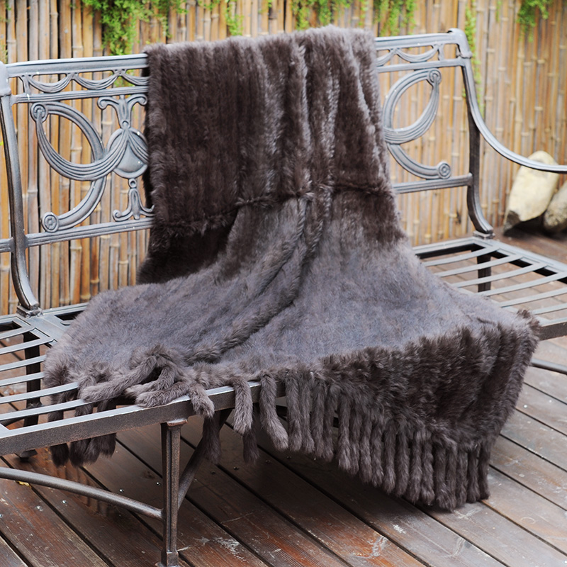 

CX-D-20E Sofa Throw Custom Size And Color Hand Knitted Genuine Fur Fringes Fur Throw Blanket