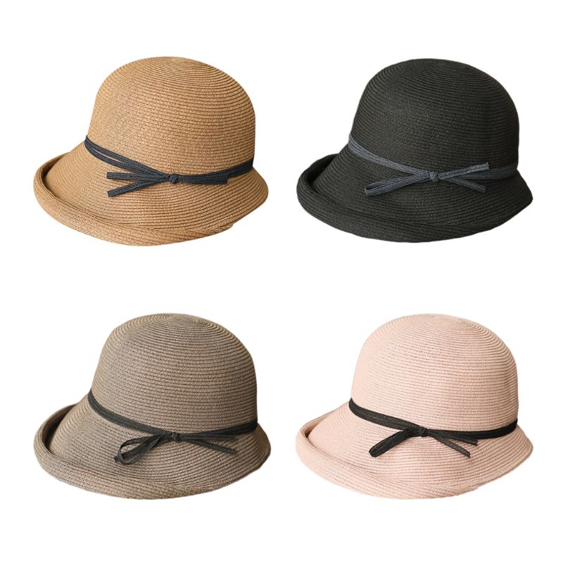 

Women Hepburn Vintage Woven Sun Hat Elegant Contrast Color Bowknot Short Roll Up Brim Foldable Summer Bucket Cap, Black