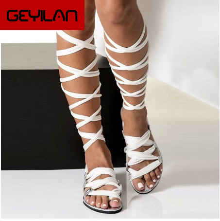 

Bohemia Style Summer Flats Sandals Gladiator Cross Strap Sexy Knee High Woman Boots Flat Casual Beach Sandals For Women, Black