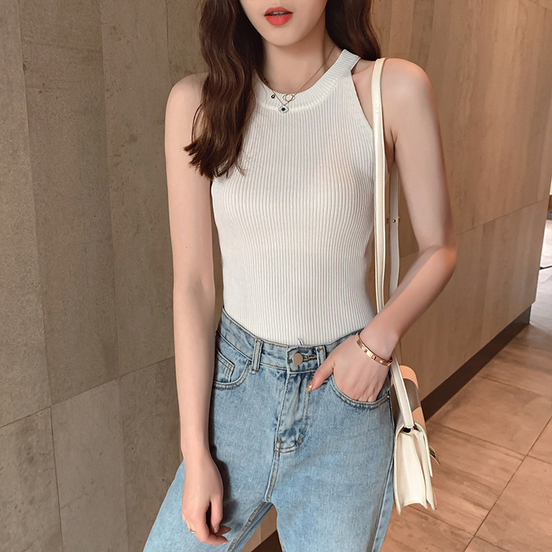 

Women Crop Tops Knitted Off Shoulder Sexy Tank Tops Female Solid O-Neck Stretchy Crop Top 2020 Summer For Women, Black