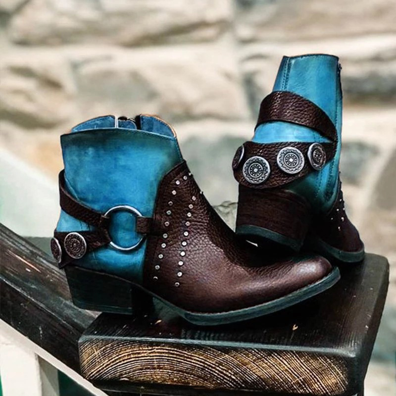 

New Women Ankle Boots Ladies British PU Rivet Metal Buckle Woman Boots Female Heels Mixed Color Fashion Platform Botas Mujer, Blue