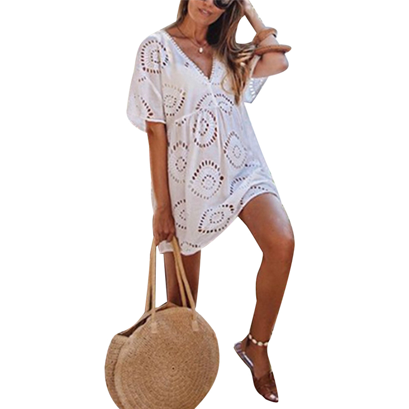 

2020 Women Beach Lace Crochet Dresses Swimwear Bikini Cover Up Hollow Out Beach Wear Tops Ladies Dresses Sundress White, As pic