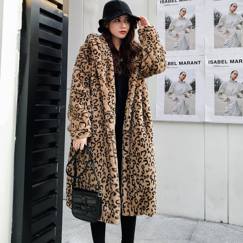 

Winter new fur coat women leopard hooded long over the knee coat imitation loose jacket lady Leisure leopard print