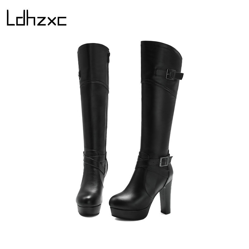 

LDHZXC Hot Sale Autumn Lacing Knee High Boots Women Fashion White High Heel Woman Platform Leather Shoes Winter PU Large Size 43, Black