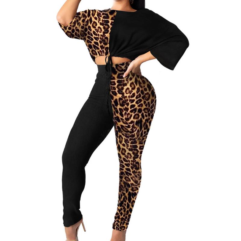 

2020 Leopard Print Tracksuits Women Two Piece Set Autumn Spring Street t-shirt Tops and Jogger Set Suits Casual 2pcs Outfits#3, Black