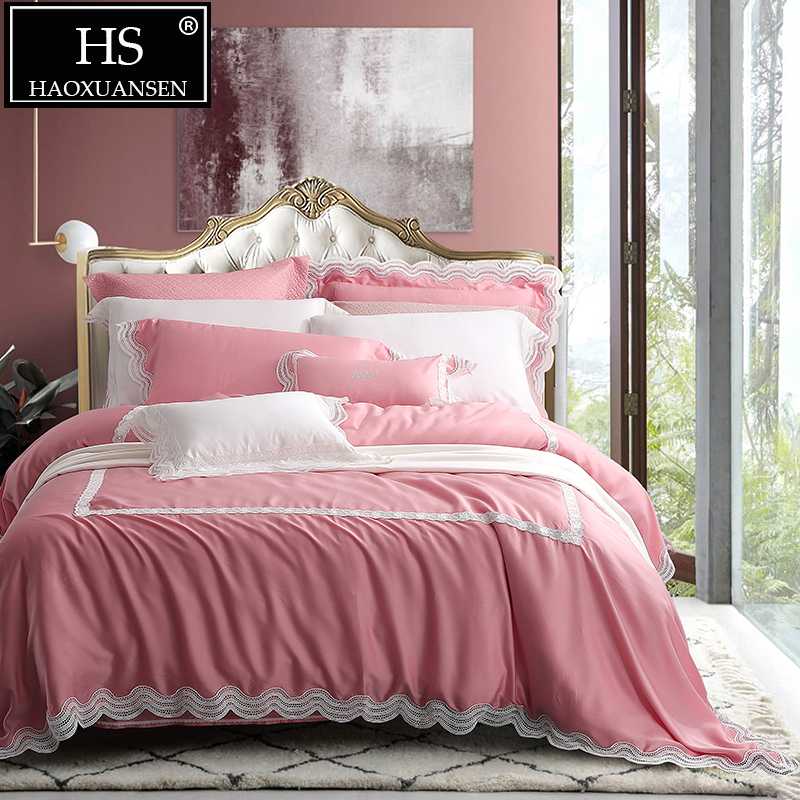 

Luxury Pink Lace Princess 4 Piece Bedding Sets 100% Tencel Lyocell Super Soft Breathable Quilt Cover Sheet Set  King Size