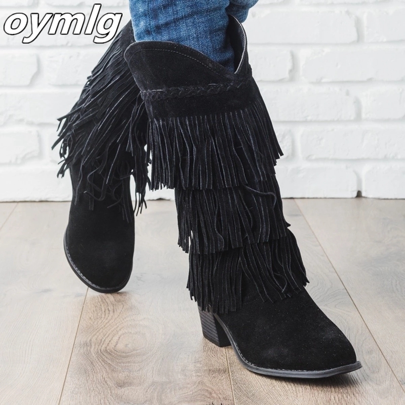 

2020 New Woman Bohemian Boho Heel Boot Ethnic Women Tassel Fringe Faux Suede Girl Leather Ankle Boots Flat Shoes Booties, Black