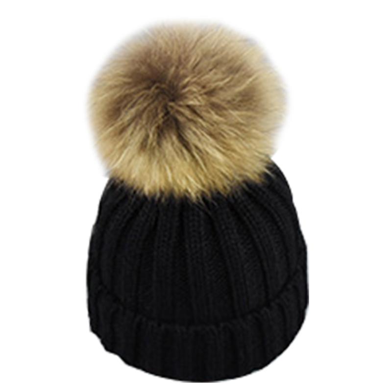 

Child Bobble Fashion Cap Thickened Casual Faux Fur Ski Pompom Hat Warm Knitted Beanies Baby Parents Winter Soft
